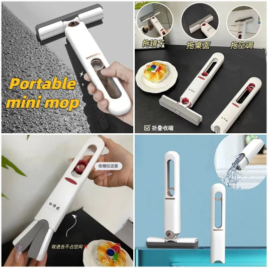 Portable Mini Mop,Self-Squeeze Mini Mop for Small Spaces,Wet and Dry Desktop Cleaning Mini Mop,Hand Free Squeeze Mop for Bathroom,Kitchen